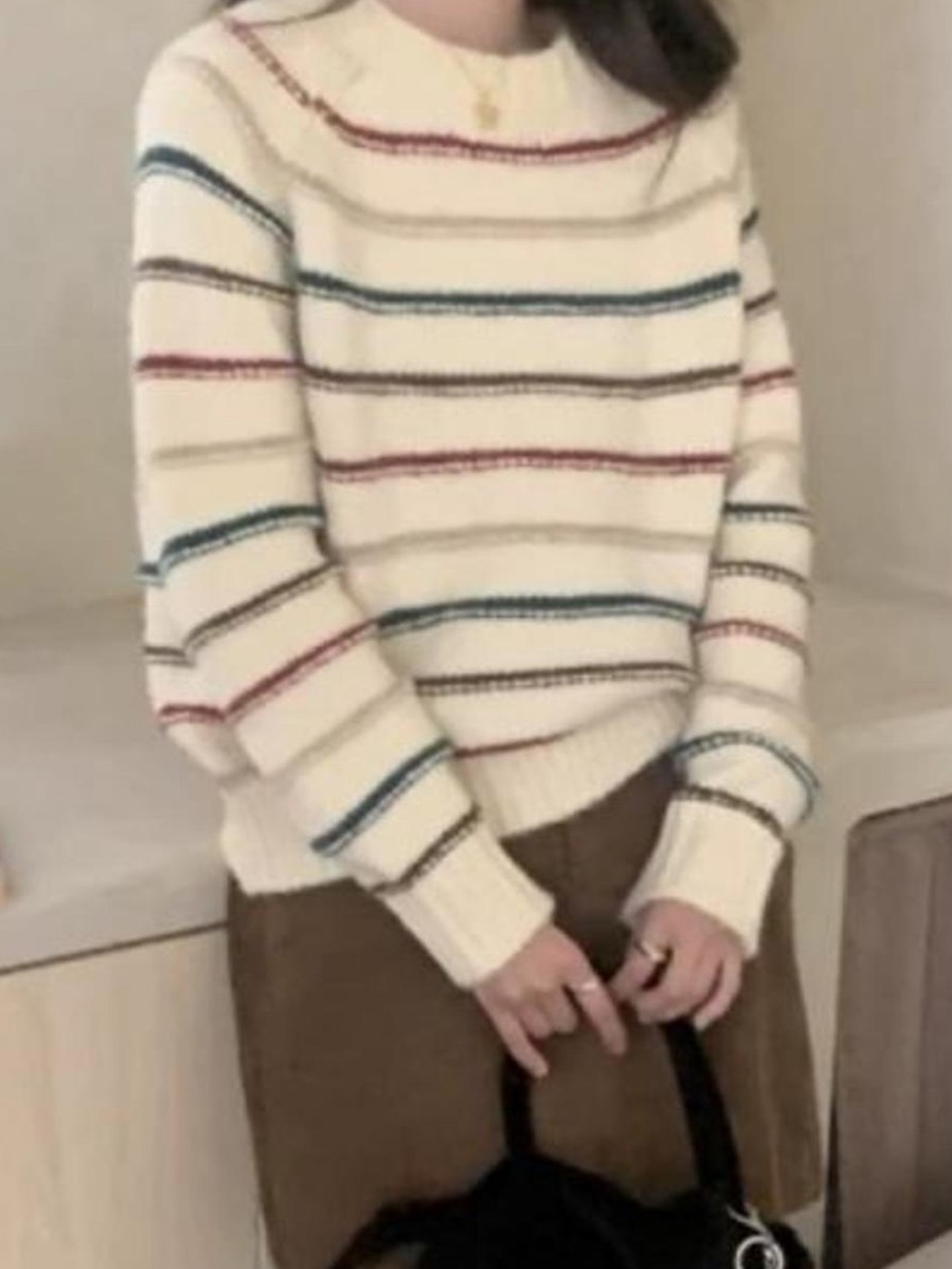 Muji Cream Crewneck Sweater with Red, Blue and Brown Stripes